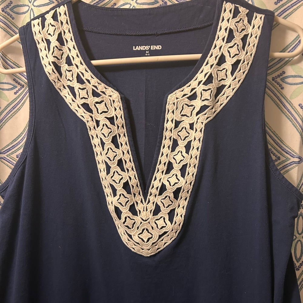 NWOT LAND’S END Navy Blue Women's Dress/Tunic with Cream Embroidery, sleeveless - Picture 4 of 10